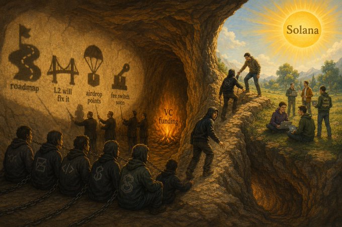 An allegorical illustration showing hooded figures in chains inside a dark cave, with cave wall writings reading 'roadmap', 'L2 will fix it', 'airdrop points', 'fee switch soon', and 'VC funding', while a bright 'Solana' sun shines outside where figures are building and investing in the landscape.