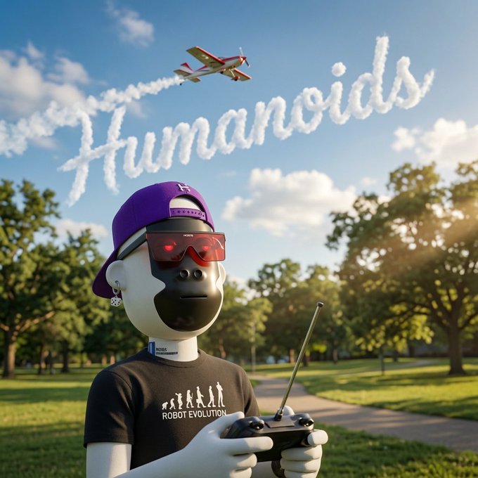 A humanoid robot wearing a purple backwards cap and red sunglasses holds an RC controller while flying an airplane that writes 'Humanoids' in the sky with smoke, wearing a black 'Robot Evolution' t-shirt.