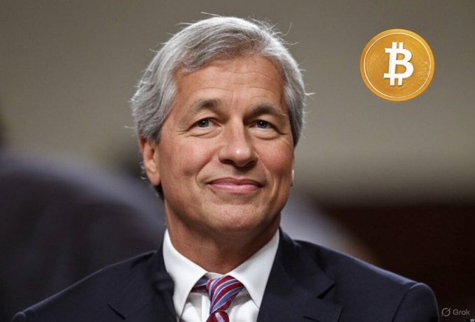 The image shows Jamie Dimon, CEO of JPMorgan, smiling in a dark suit with a red and blue striped tie, accompanied by a golden Bitcoin coin symbol in the upper right corner, visually representing the stark contrast between his past anti-crypto stance and his firm's current $610 million Bitcoin ETF holdings.