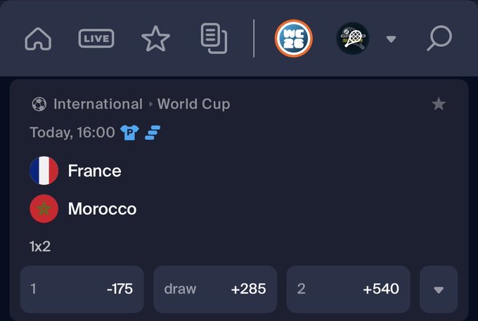 A sports betting interface shows a World Cup match between France and Morocco today at 16:00, with France favored at -175 odds, a draw at +285, and Morocco at +540. The post is offering 1 SOL to whoever correctly guesses the final score of this matchup.