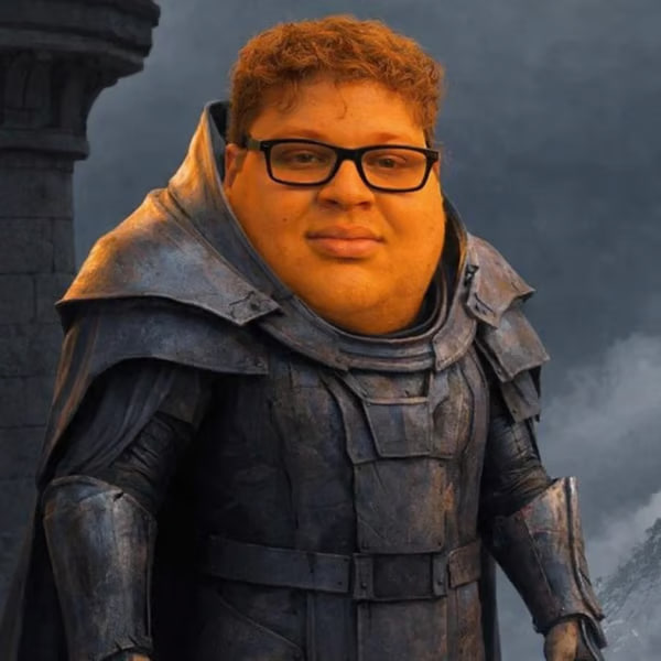 The image shows a humorous AI-generated edit of Jonah Hill wearing medieval plate armor with his characteristic glasses, depicting him as a knight or fantasy warrior. This pairs with the caption as a comedic jab at a trader, comparing them to an armored knight who clumsily attacked the poster's positions and lost money in the process.