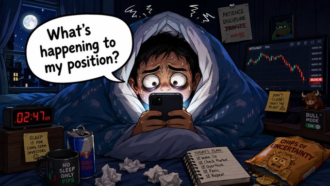 A cartoon illustration of a stressed trader under blankets checking their phone at 2:47 AM, with a speech bubble asking 'What's happening to my position?' surrounded by items like 'Chips of Uncertainty' and a 'Bull Mode ON' sign.