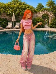 A red-haired woman in a pink "Real Love" crop top and pink jeans stands poolside holding a pink purse, embodying the "Monday energy" of the post—stylish and unbothered despite the daunting week ahead tackling the "OUTLIER assessment" and grinding toward 100 days on TermMaxFi.