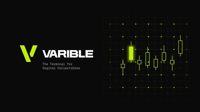 A promotional graphic for VARIBLE, "The Terminal for Digital Collectibles," featuring the brand's logo alongside a yellow candlestick chart on a black background—visually representing the platform's focus on tracking tokenized collectible market data and trading activity.