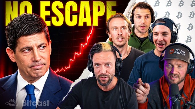 A promotional graphic features the text 'NO ESCAPE' alongside a red rising stock chart and Bitcoin logos, showing a man in a suit on the left and five men in a podcast-style setup on the right, with 'Bitcast' branding at the bottom.