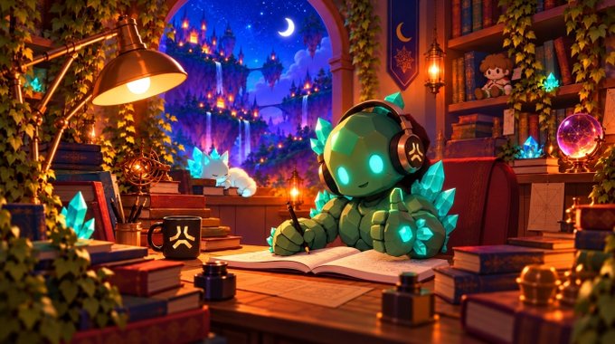 A digital illustration of a small green crystal creature wearing headphones, writing in a notebook at a desk surrounded by books, crystals, and a glowing window view of a fantasy castle.
