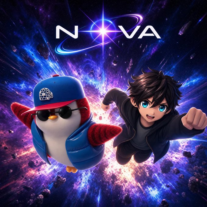 Anime-style promotional image with the title 'NOVA' at the top, featuring a boy and a penguin wearing sunglasses, cap, and blue vest flying through a vibrant cosmic nebula.
