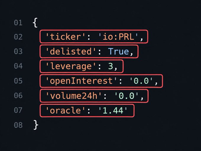 A code snippet displaying cryptocurrency trading data with fields like 'ticker': 'io:PRL', 'delisted': True, 'leverage': 3, and 'openInterest': '0.0', indicating the token PRL has been delisted.