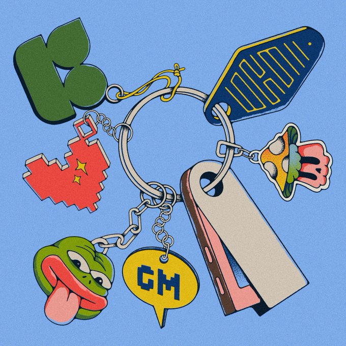 An illustrated keychain featuring various crypto and pop culture charms against a blue background, including a green B logo, a red castle-like pixel sprite, a blue rectangular tag, a Pepe the Frog character, a yellow 'GM' speech bubble, and a pill-shaped pendant.
