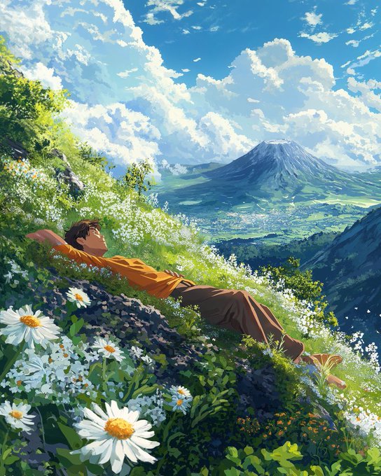 An anime-style illustration of a person in an orange shirt lying in a meadow of white flowers, gazing at a distant volcano under a cloudy blue sky.