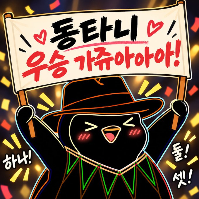 An illustration of a cute black bird character wearing a hat and holding up a banner that reads 'I ♥ 동태니 우승 가쥬아아아!' with '하나!', '둘!', and '셋!' written around it.