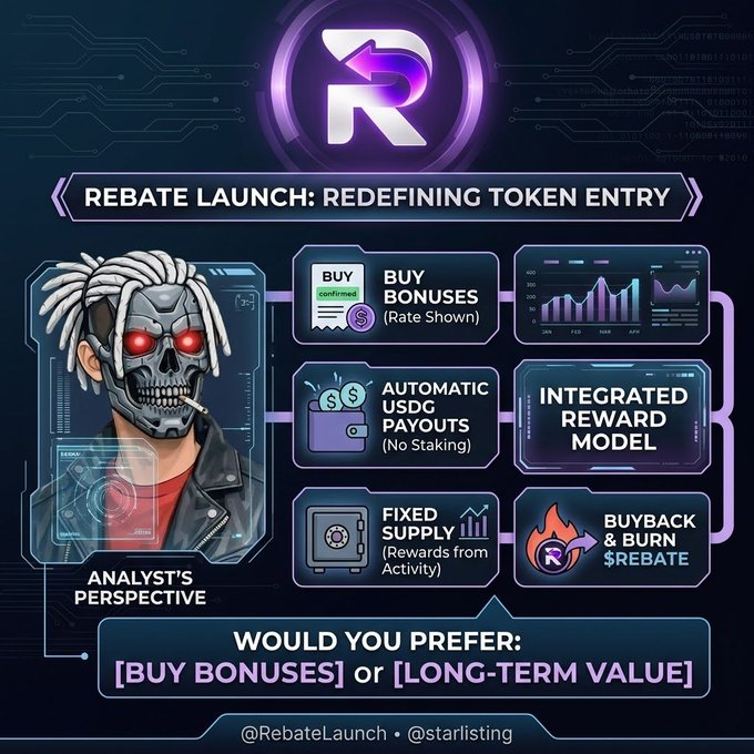 An infographic for 'Rebate Launch' titled 'REDEFING TOKEN ENTRY' featuring a skull-faced character and listing features like 'BUY BONUSES', 'AUTOMATIC USDG PAYOUTS', 'FIXED SUPPLY', 'INTEGRATED REWARD MODEL', and 'BUYBACK & BURN REBATE' from the handle @RebateLaunch and @starlisting.