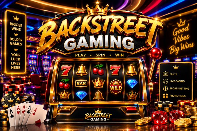 A flashy promotional banner for 'BACKSTREET GAMING' advertises 'PLAY • SPIN • WIN' with a slot machine displaying 7s and bells, surrounded by casino chips and cards.