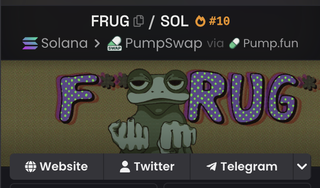 FRUG/SOL token page on PumpSwap via Pump.fun featuring a Pepe-style frog with the text 'F*RUG*' and links to Website, Twitter, and Telegram.
