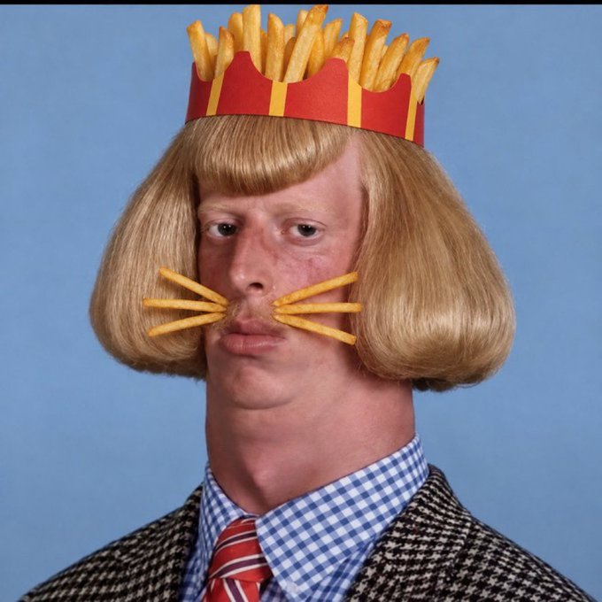 A surreal portrait of a man with a blonde bob haircut, french fry 'crown' on his head, and french fries styled as a mustache, wearing a checkered shirt and striped tie against a blue background.