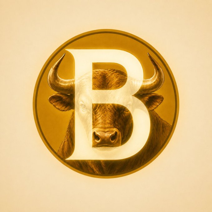 A golden circular emblem features a bull's face with prominent horns, overlaid with a large translucent letter "B," visually representing the bullish version of Doge as described in the caption. The accompanying text references a memecoin token ticker, tying the image's strong bull imagery to the crypto's "bull" branding.