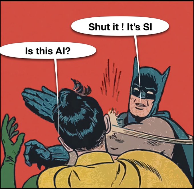 A comic-style image showing Robin slapping Batman, modified so Robin asks 'Is this AI?' and Batman angrily responds 'Shut it! It's SI' (Style Index).