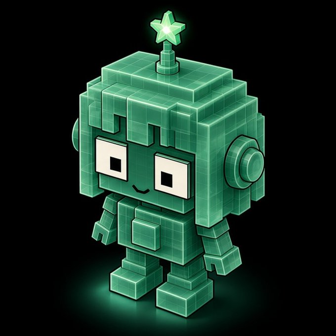 A 3D rendered green blocky robot character with a smiling face and a glowing star on top of its antenna stands against a black background, resembling a voxel-style game asset.