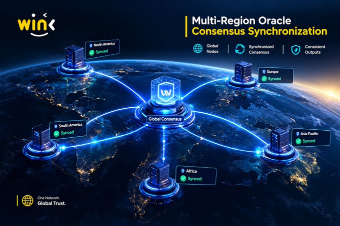 A promotional graphic for Wink showing a 'Multi-Region Oracle Consensus Synchronization' network with nodes across North America, South America, Europe, Africa, and Asia Pacific all synced to a central Global Consensus, highlighting Global Nodes, Synchronized Consensus, and Consistent Outputs with the tagline 'One Network, Global Trust'.
