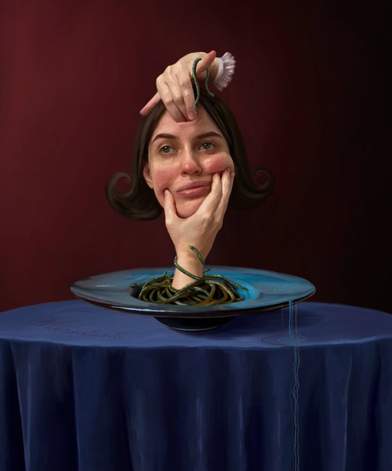 A surreal painting featuring a disembodied head resting on a plate atop a blue table, with a hand holding a brush on top of the head and another hand lifting the chin.