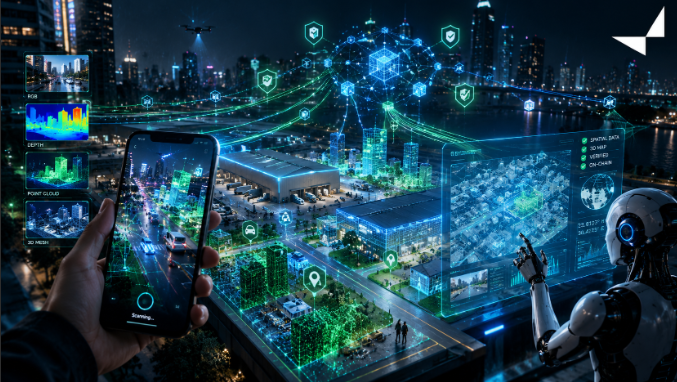 A futuristic cityscape featuring holographic displays of charts and shields, a hand holding a smartphone showing a 'Scanning...' interface, and a humanoid robot on the right.