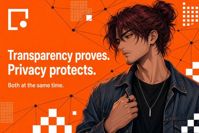 Orange promotional graphic featuring an illustrated anime-style man with red hair wearing a denim jacket, with the text 'Transparency proves. Privacy protects. Both at the same time.'