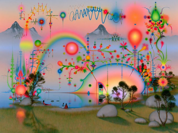 A vibrant, surreal digital landscape painting featuring glowing colorful abstract shapes, flowers, and wave patterns floating above a serene lake and mountains with two small figures on the shore.