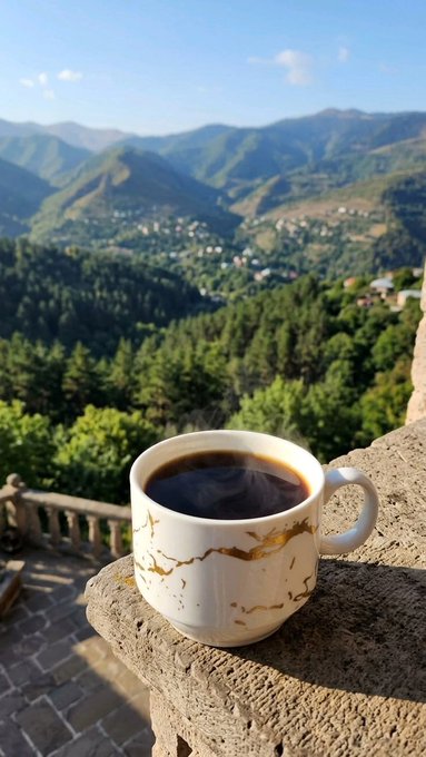 A scenic photograph of a white and gold marble coffee cup filled with steaming black coffee, set on a stone ledge overlooking a vast green mountain valley.