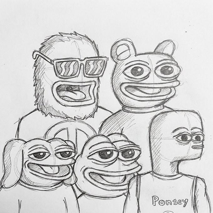 A pencil sketch featuring four cartoonish figures with exaggerated smiles, including one wearing sunglasses and a frog-like character, signed "Ponsey" in the corner.