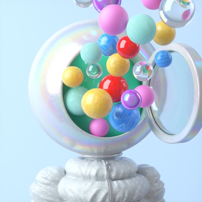 A vibrant, surreal 3D render shows colorful spheres of various textures and finishes cascading out of an iridescent bubble-like sphere, sitting atop a puffy white base—all set against a soft blue background. The playful, abundant imagery visually echoes the "NFTs are inevitable" message, symbolizing an unstoppable flood of digital assets spilling into the mainstream.