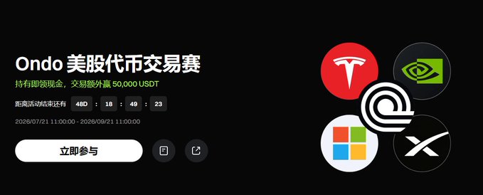 A promotional banner for an 'Ondo' US stock token trading competition, featuring logos for Tesla, Nvidia, Microsoft, and XRP, with text in Chinese and dates from 2026.