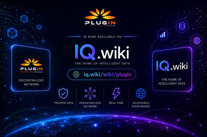 A promotional graphic for 'PLUGIN Decentralized Network' announcing its availability on IQ.wiki, featuring logos for both, the URL 'iq.wiki/wiki/plugin', and icons highlighting Trusted Data, Decentralized Network, Real-Time, and Accessible Everywhere.