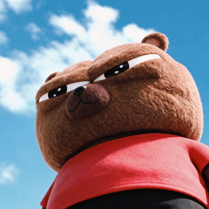 A plush brown bear with a determined, side-eye expression wears a red shirt against a blue sky, perfectly matching the "Bobo" meme aesthetic used to fuel the "To boldly go where no bear has gone before" Bitcoin Ordinals ($BOBO) promotional post.