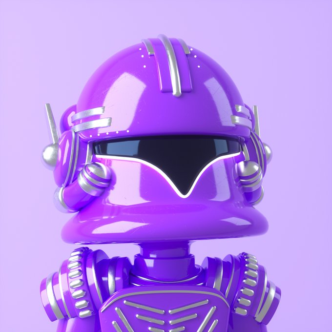 A glossy purple 3D-rendered robot character with silver accents and a dark visor helmet against a lavender background.