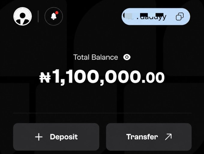Dark-themed dashboard showing a Total Balance of ₦1,100,000.00 with Deposit and Transfer options.