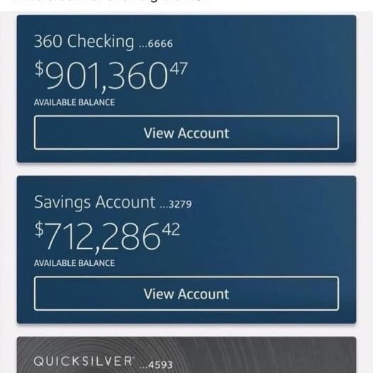 This image shows a bank account balance of $901,360.47 in a 360 Checking account and $712,286.42 in a Savings Account, which humorously relates to the post about receiving $1,800 monthly.