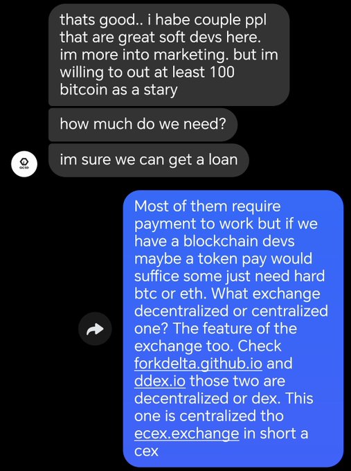 A text message conversation discusses cryptocurrency project logistics, mentioning exchanges like forkdelta.github.io, ddex.io, and ecex.exchange.