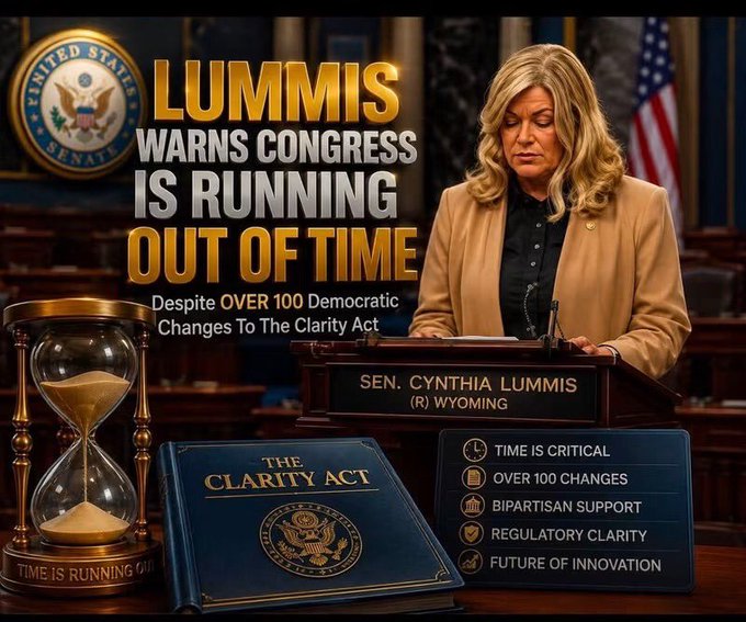 Senator Cynthia Lummis (R-WY) stands at a podium in the U.S. Senate chamber above a copy of "The Clarity Act," with an hourglass symbolizing that "time is running out" as Congress reviews over 100 Democratic changes, highlighting key points like "Time Is Critical," "Bipartisan Support," and the "Future of Innovation" in digital asset regulation.