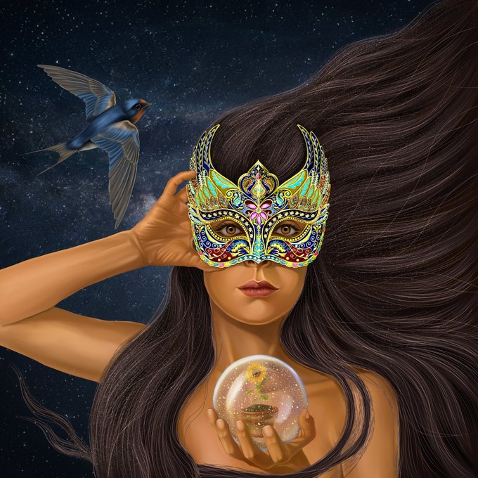 A woman wearing an ornate golden mask holds a glowing crystal sphere containing a sunflower, with flowing dark hair and a blue swallow flying against a starry night sky—evoking the mystical courage and boundless journey described in the accompanying reflection on "The Endless Path."