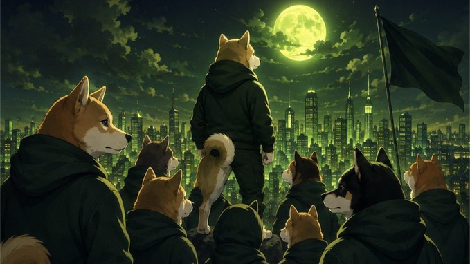 A group of Shiba Inu dogs dressed in hooded outfits gather at night beneath a large green moon, gazing out over an illuminated city skyline, with one dog holding a black flag—evoking a meme-like "pack" watching the market, tying into the post's pitch for $WOOF at a $1.4 million market cap on the RH chain.