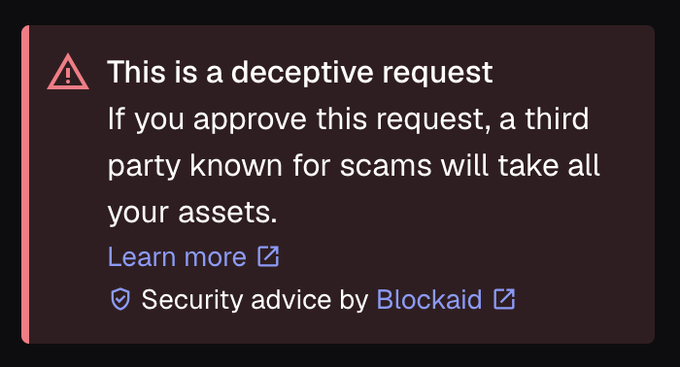 MetaMask-style security warning labeled 'This is a deceptive request' stating a third party known for scams will take all your assets, with security advice by Blockaid.