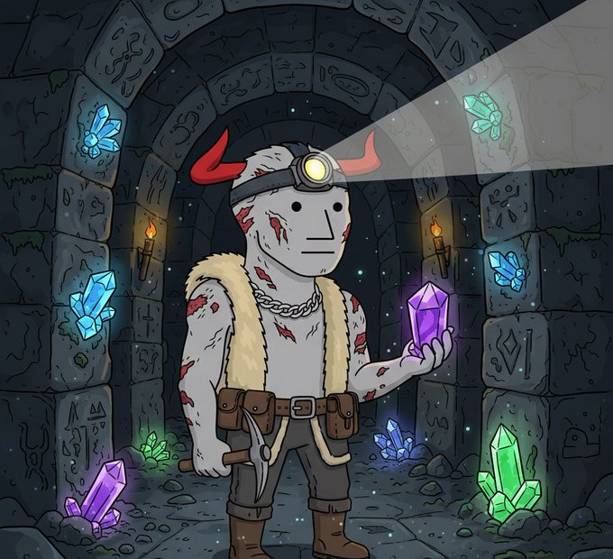 A cartoon illustration of a pale miner-like character with red horns, a headlamp, and fur vest, holding a glowing purple crystal inside a stone dungeon filled with colorful glowing gems.