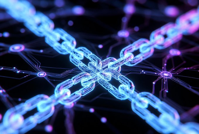 A glowing blue and purple digital rendering of interconnected blockchain chains with luminous nodes and network connections against a dark background.