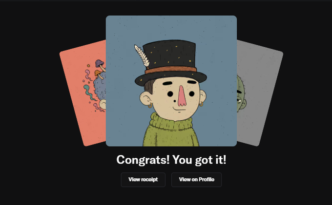 A digital collectible interface displaying a message 'Congrats! You got it!' above a cartoon illustration of a character wearing a top hat with a feather and a green turtleneck, flanked by two other cards.