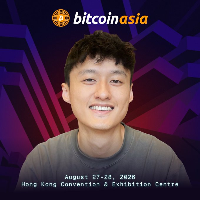 A promotional graphic for Bitcoin Asia 2026 features a smiling young man in a gray shirt against a vibrant purple geometric background, with the "bitcoinasia" logo at the top and event details "August 27-28, 2026, Hong Kong Convention & Exhibition Centre" at the bottom, announcing Damian Chen, VP of Growth at the Starknet Foundation, as a speaker.