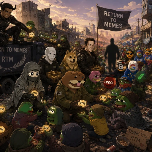 The image features a group of cartoon characters, including humans and animals such as dogs, gathered together with various items like coins and bags. The main focus of the scene is a man holding up a sign that says "Return To Memes". This suggests that there might be an event or gathering related to memes happening in this area.