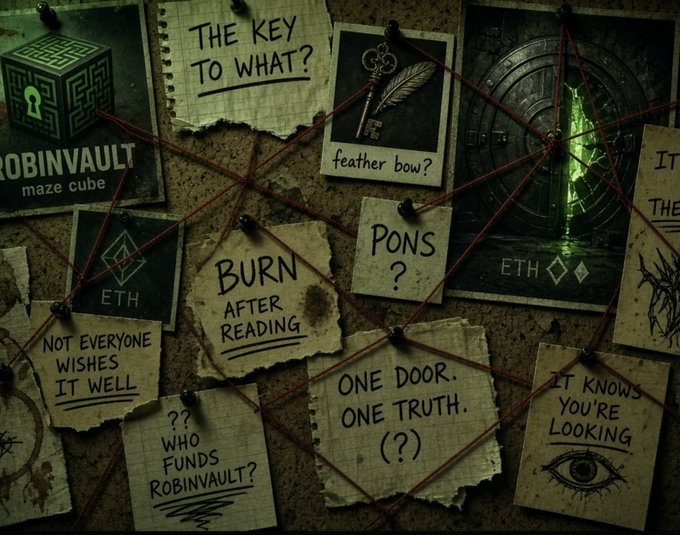 A conspiracy-style corkboard with notes connected by red string, featuring references to 'ROBINVAULT', 'ETH', 'feather bow?', 'BURN AFTER READING', 'ONE DOOR. ONE TRUTH.', 'IT KNOWS YOU'RE LOOKING', and 'WHO FUNDS ROBINVAULT?'.
