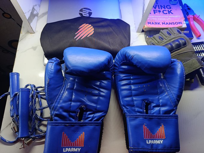 A pair of blue LPARMY boxing gloves with red crown logo, accompanied by blue hand wraps, displayed on a surface next to a Mark Manson 'Everything Is F*cked' book and tactical gloves.