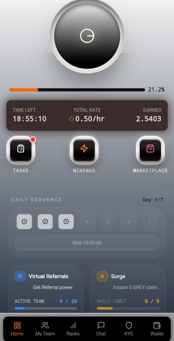 A mobile dashboard showing the Grey Network mining app interface with a timer reading 18:55:10 time left, earning 0.50/hr at 21.2% progress for 2.5403 $GREY, alongside task menus and referral stats promoting the "Minegrey" mining platform.