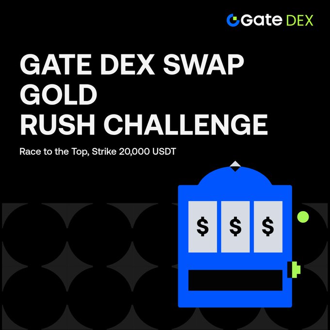 A promotional graphic for the "Gate DEX Swap Gold Rush Challenge" featuring a blue slot machine illustration with dollar signs, set against a black background with the Gate DEX logo in the top right corner. The text "Race to the Top, Strike 20,000 USDT" appears below the main title, matching the post's call to participate in the trading competition where users can earn rewards based on cumulative swap volume across tiered "veins" like Copper (≥1,000 USDT) and Silver (≥5,000 USDT).